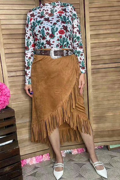 Plus size tan suede fringe tassel women skirt XCH13467S