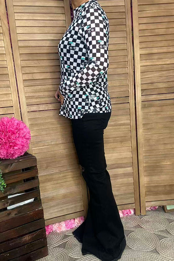 Southern Stitch Western checkered printed long sleeve mesh women top XCH17028