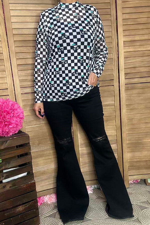 Southern Stitch Western checkered printed long sleeve mesh women top XCH17028