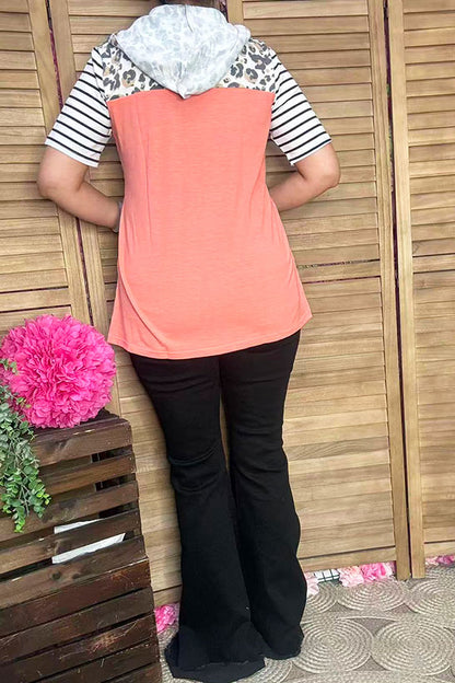 GJQ9320-4 Leopard & stripe print & peach short sleeve hooded women top