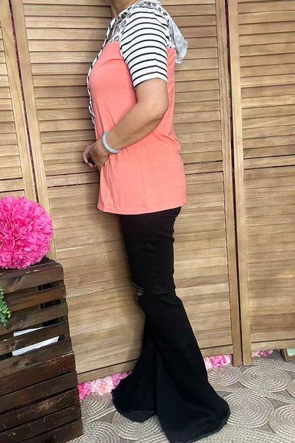 GJQ9320-4 Leopard & stripe print & peach short sleeve hooded women top