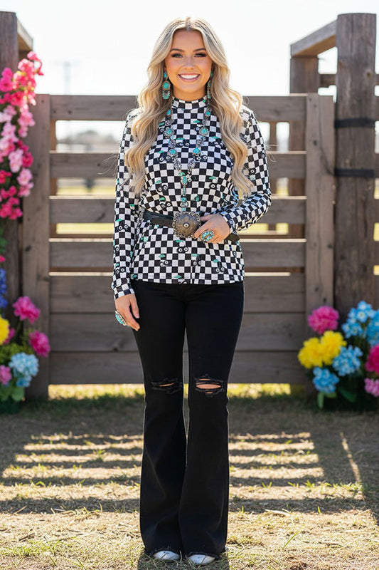 Southern Stitch Western checkered printed long sleeve mesh women top XCH17028