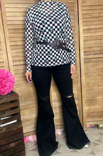 Southern Stitch Western checkered printed long sleeve mesh women top XCH17028
