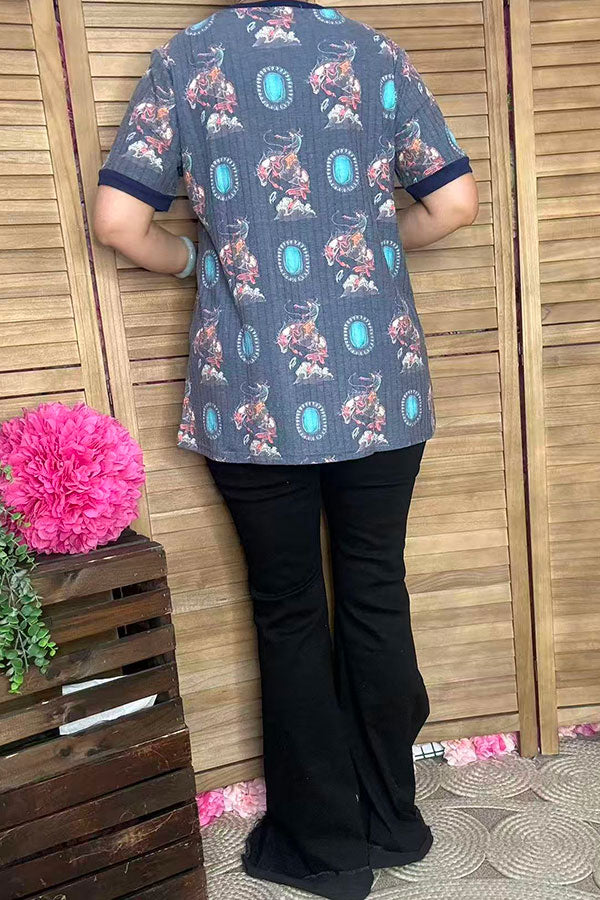 GJQ11322  Horse riding cowboy & jewe short sleeve women top