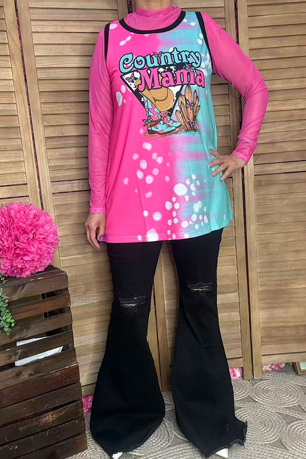 Multi-color printed "Country Mama" boots and Cactus women tank top XCH14920