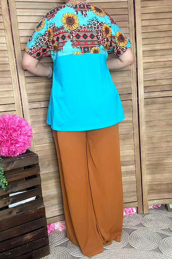 Sunflower & Aztec multi color printed Turquoise short sleeves women tops XCH12481
