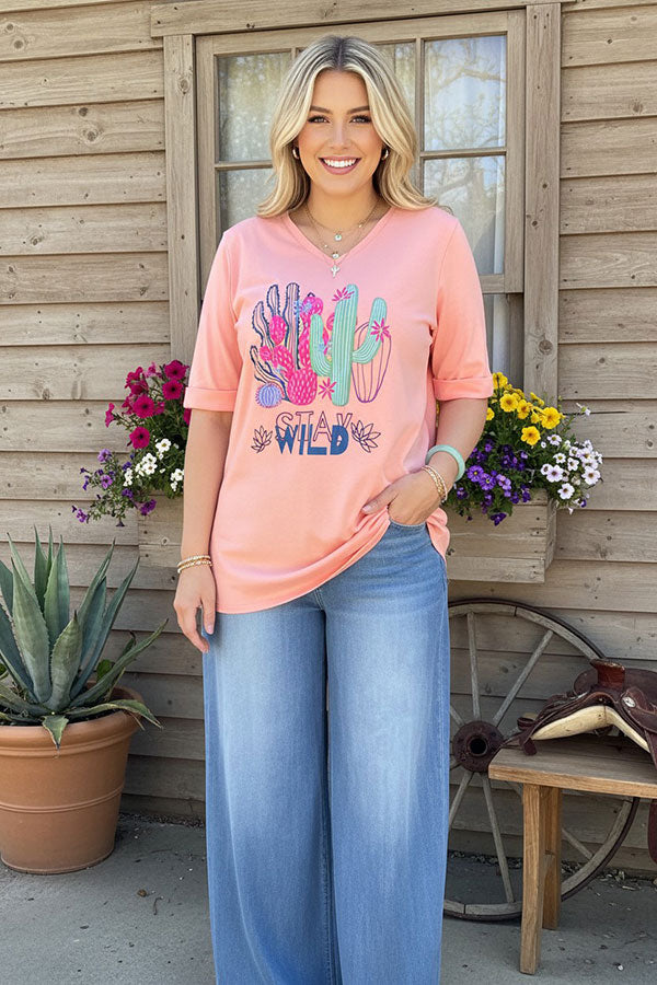 "STAY WILD" Pink cactus printed short sleeve women top DLH9116