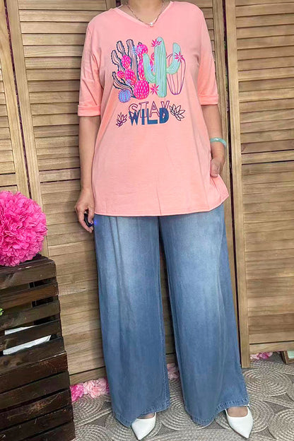 "STAY WILD" Pink cactus printed short sleeve women top DLH9116