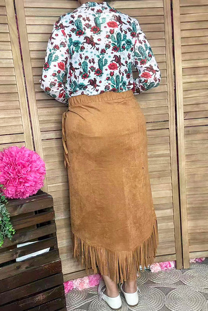 Plus size tan suede fringe tassel women skirt XCH13467S