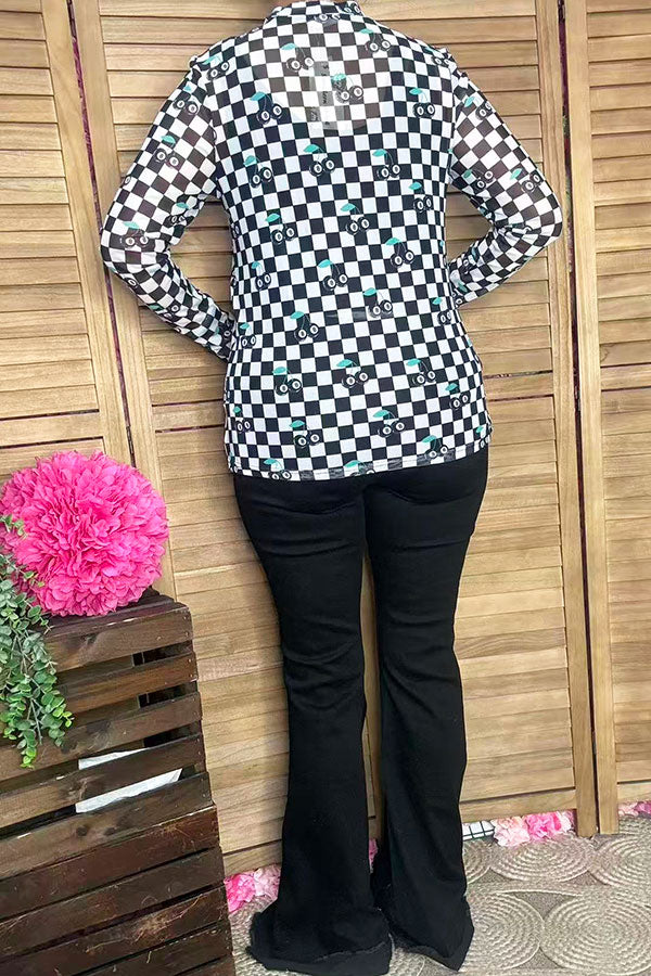 Southern Stitch Western checkered printed long sleeve mesh women top XCH17028