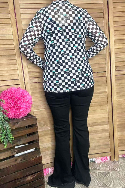 Southern Stitch Western checkered printed long sleeve mesh women top XCH17028