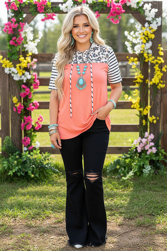 GJQ9320-4 Leopard & stripe print & peach short sleeve hooded women top