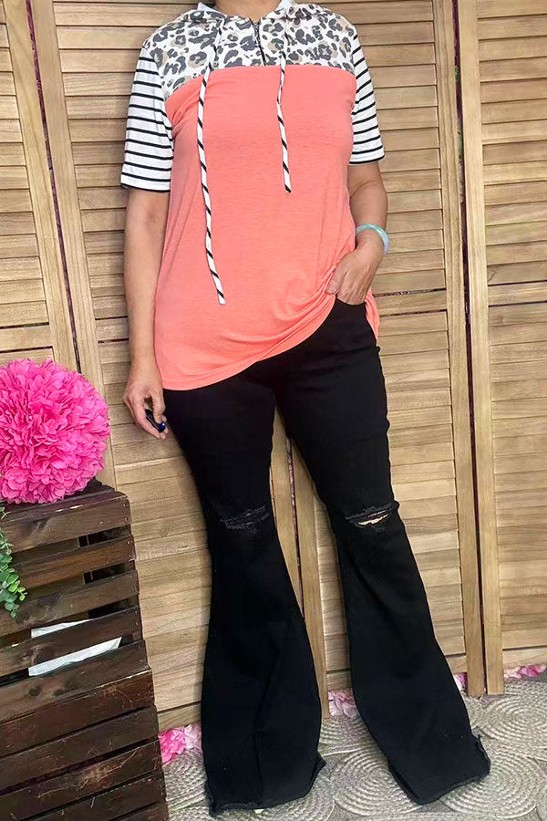 GJQ9320-4 Leopard & stripe print & peach short sleeve hooded women top