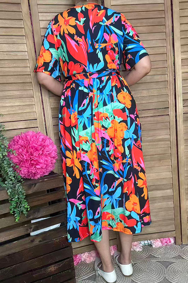 Trendy chic floral short sleeve maxi women boutique dress w/v-neckline XCH16198