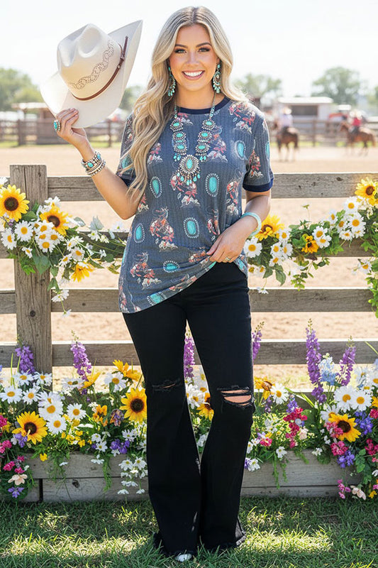 GJQ11322  Horse riding cowboy & jewe short sleeve women top