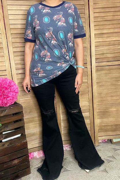 GJQ11322  Horse riding cowboy & jewe short sleeve women top