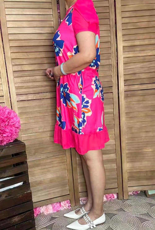 YMY14747 Floral printed ruffle short sleeve w/side pockets women dress