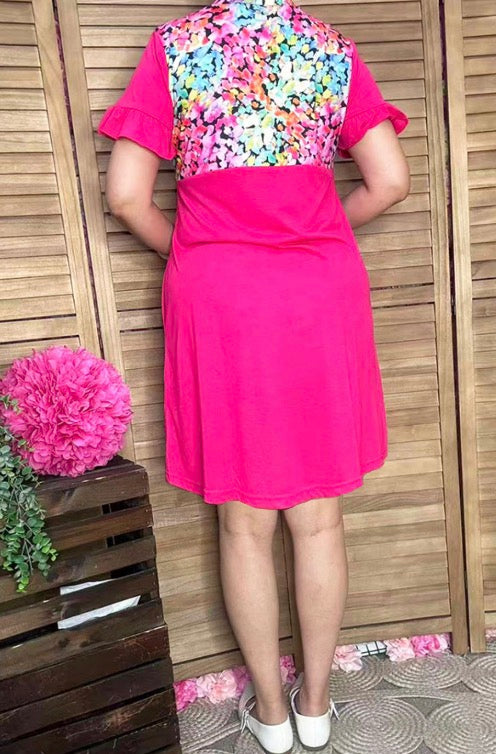 Floral printed & fuchsia color block short sleeve women dress GJQ15801