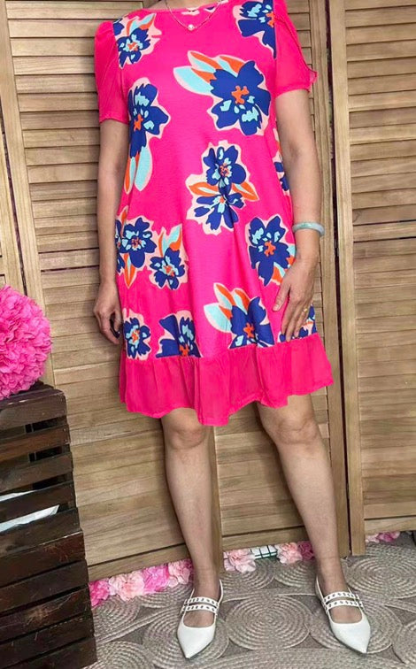 YMY14747 Floral printed ruffle short sleeve w/side pockets women dress