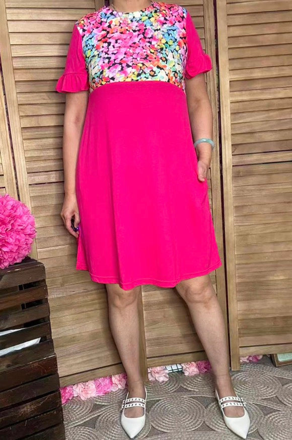 Floral printed & fuchsia color block short sleeve women dress GJQ15801