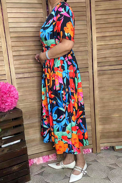 Trendy chic floral short sleeve maxi women boutique dress w/v-neckline XCH16198