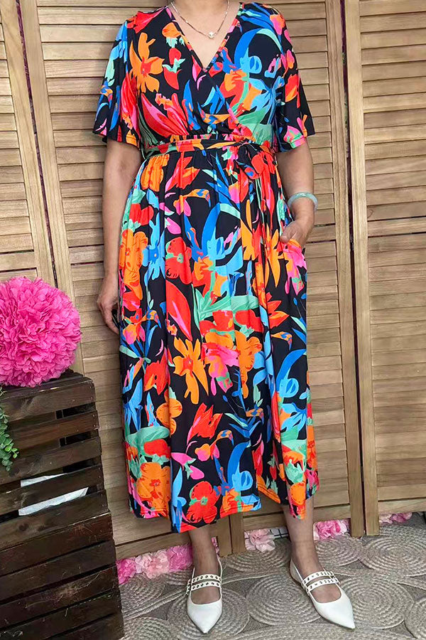 Trendy chic floral short sleeve maxi women boutique dress w/v-neckline XCH16198