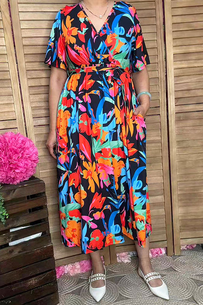 Trendy chic floral short sleeve maxi women boutique dress w/v-neckline XCH16198