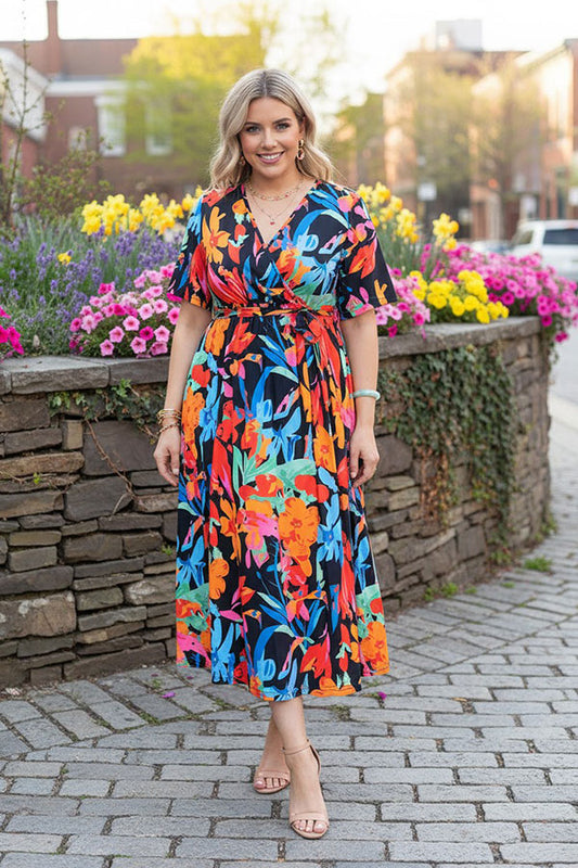 Multi color floral printed short sleeve maxi women dress w/v-neckline XCH16198