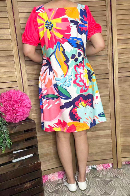 Multi color floral prints women dress with pink short sleeves XCH15001