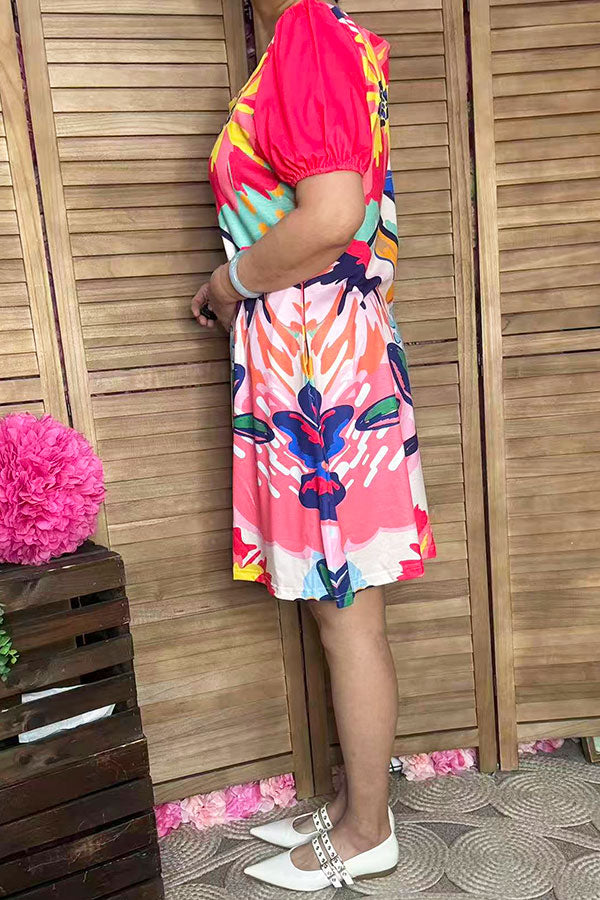 Multi color floral prints women dress with pink short sleeves XCH15001