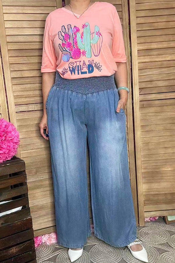 "STAY WILD" Pink cactus printed short sleeve women top DLH9116