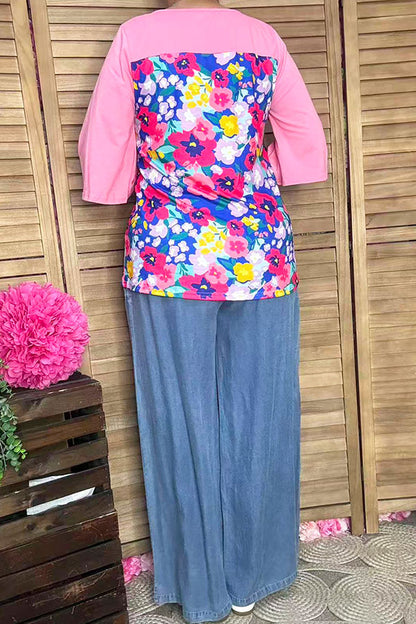 Women's clothing vendors Floral & pink color block 3/4 sleeve top BQ15017