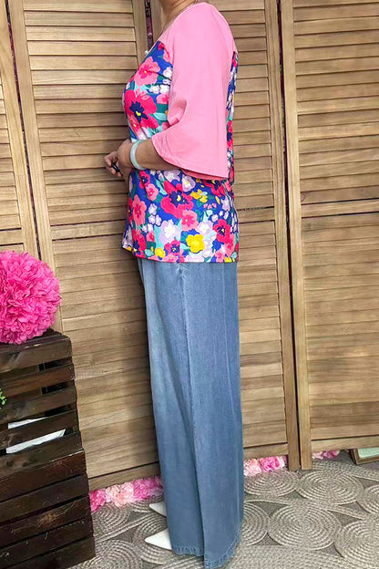 Women's clothing vendors Floral & pink color block 3/4 sleeve top BQ15017