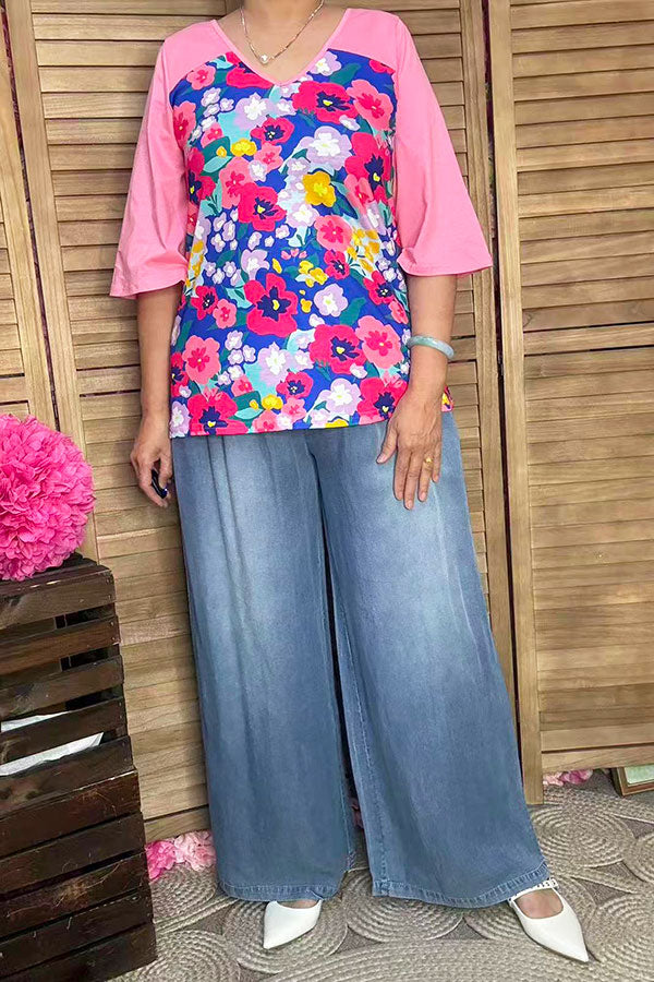 Women's clothing vendors Floral & pink color block 3/4 sleeve top BQ15017