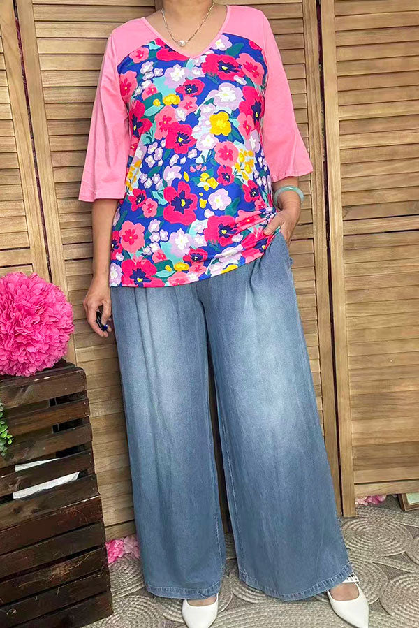 Women's clothing vendors Floral & pink color block 3/4 sleeve top BQ15017