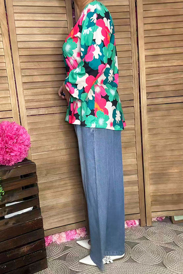 Southern Stitch floral printed long sleeve w/elastic cuff women tops XCH15700