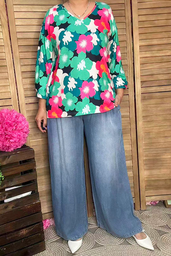 Southern Stitch floral printed long sleeve w/elastic cuff women tops XCH15700