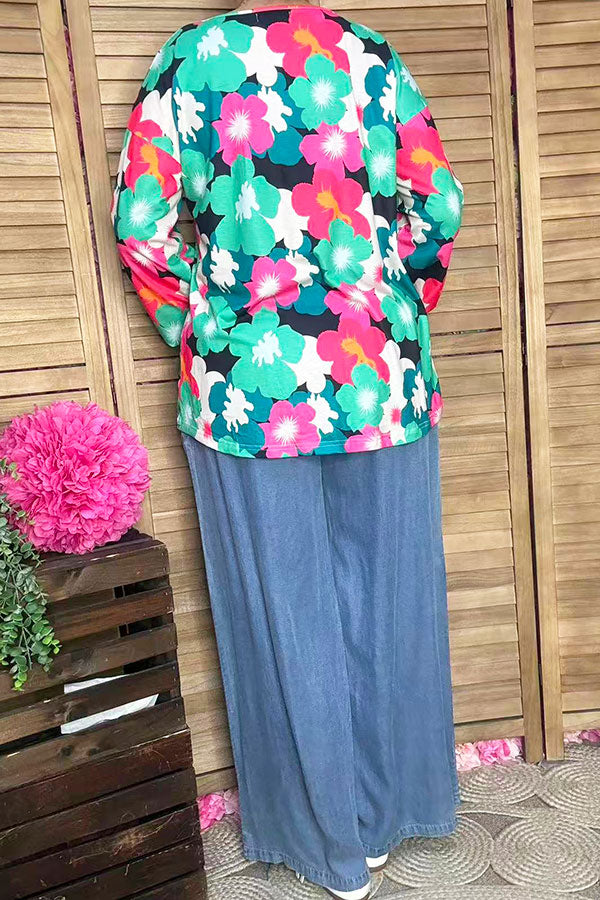 Southern Stitch floral printed long sleeve w/elastic cuff women tops XCH15700