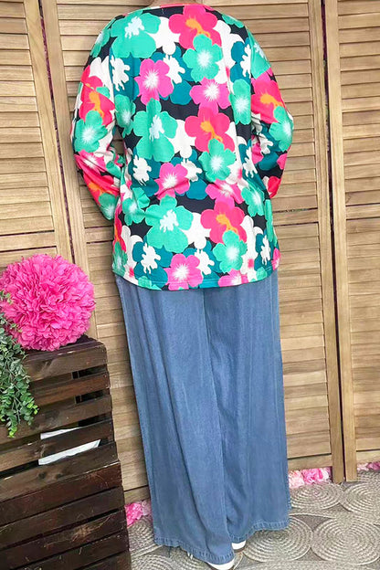 Southern Stitch floral printed long sleeve w/elastic cuff women tops XCH15700
