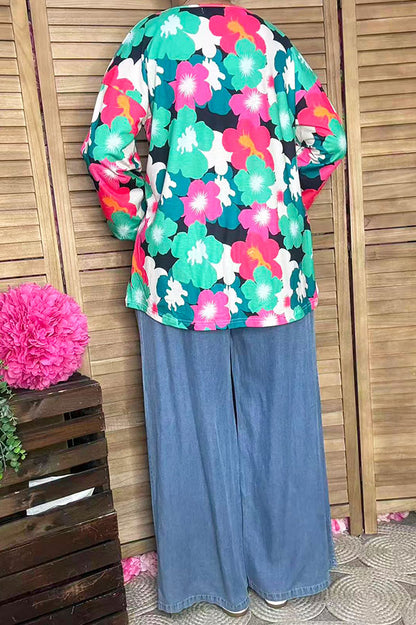 Southern Stitch floral printed long sleeve w/elastic cuff women tops XCH15700