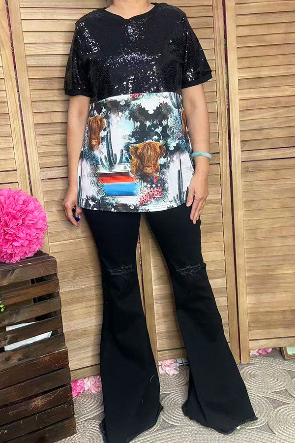 Sequin & western patterns short sleeves women tops BQ12208