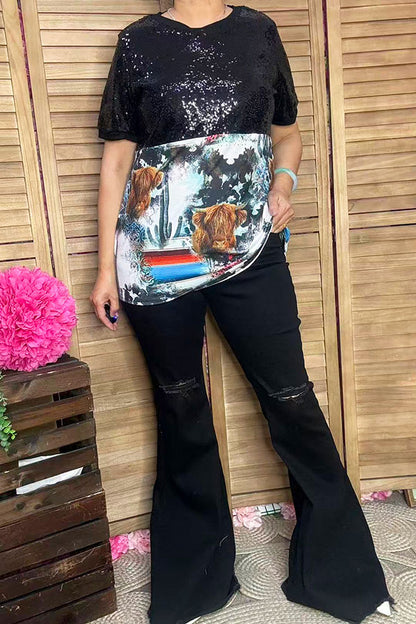 Sequin & western patterns short sleeves women tops BQ12208
