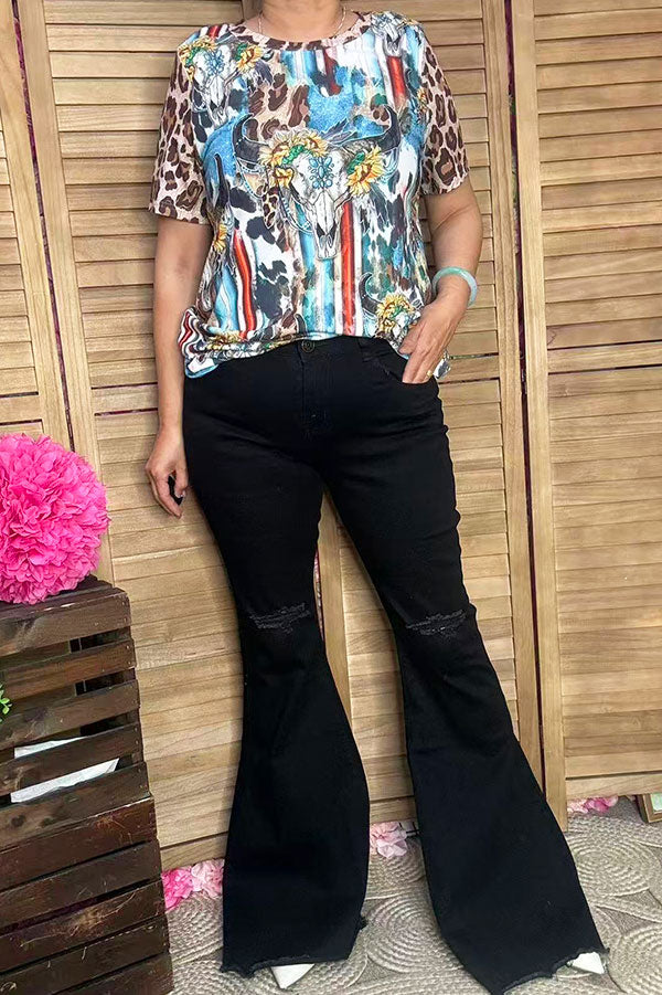 Plus size Bull skull & sunflower printed leopard short sleeve women tops XCH12468