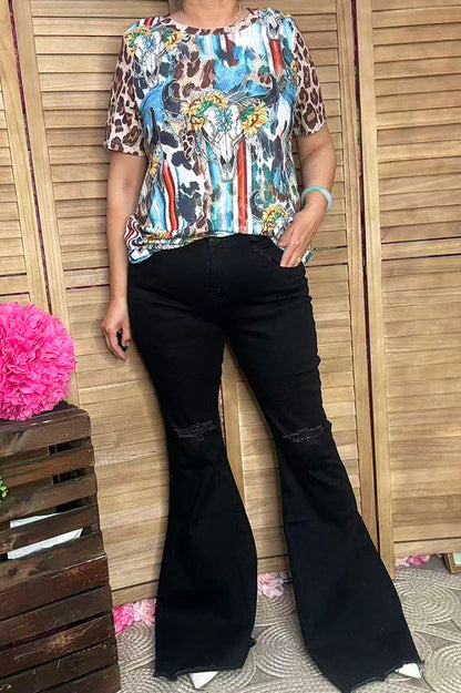 Plus size Bull skull & sunflower printed leopard short sleeve women tops XCH12468