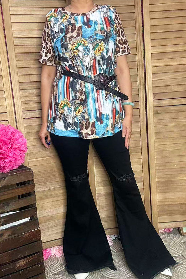 Plus size Bull skull & sunflower printed leopard short sleeve women tops XCH12468