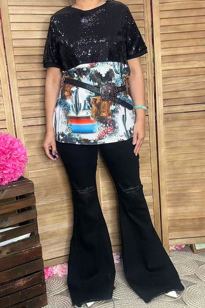Sequin & western patterns short sleeves women tops BQ12208