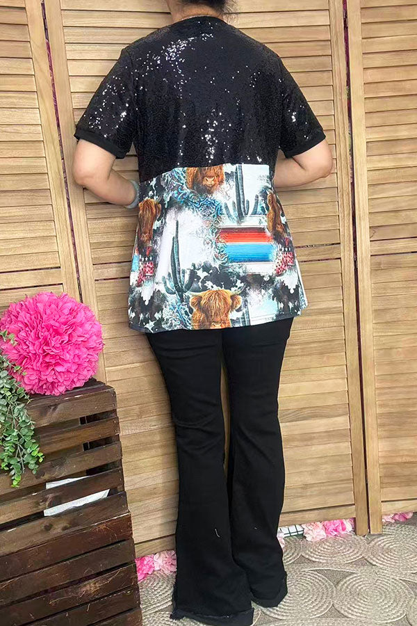 Sequin & western patterns short sleeves women tops BQ12208
