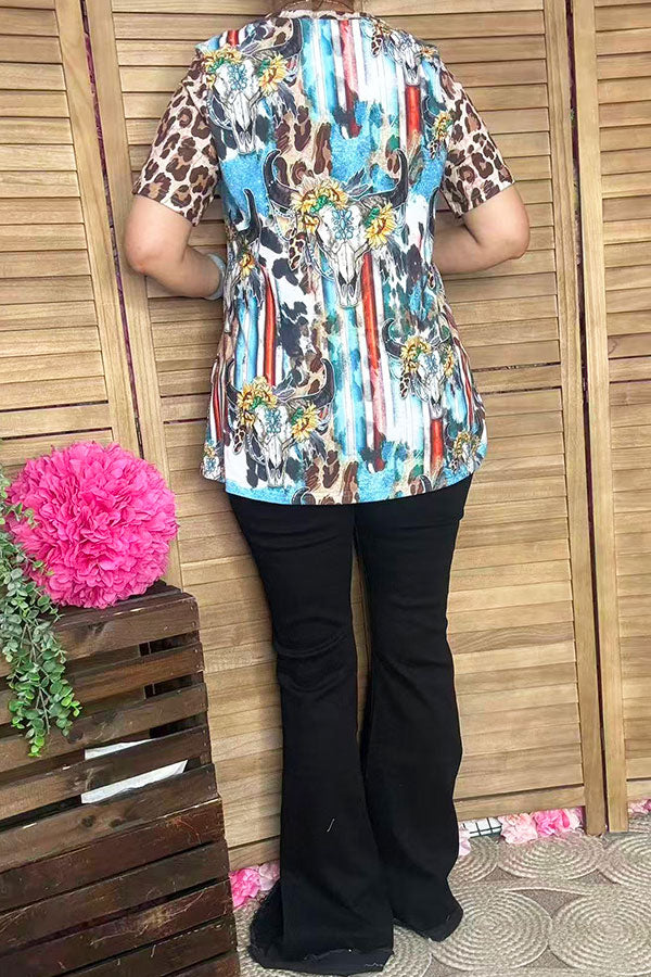 Plus size Bull skull & sunflower printed leopard short sleeve women tops XCH12468
