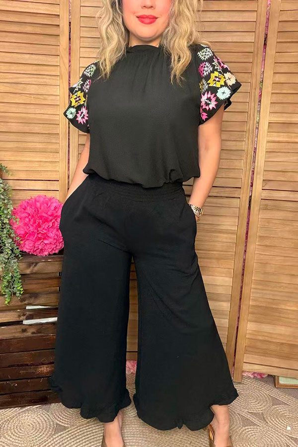 Solid color black ruffles wide leg women pant XCH16374