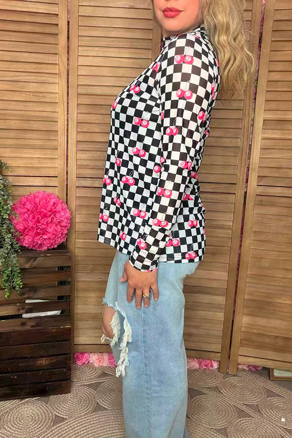 Southern Stitch Checkered 8-ball cherries printed sheer long sleeve women blouse XCH17027